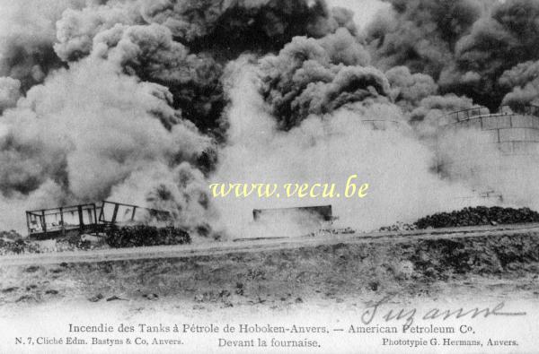 ancienne carte postale de Hoboken Incendie des tanks à pétrole de Hoboken - American Petroleum C°