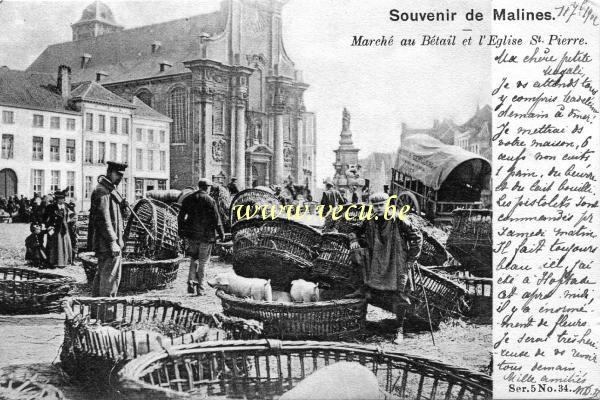 ancienne carte postale de Malines Marché au Bétail et l'Eglise St Pierre