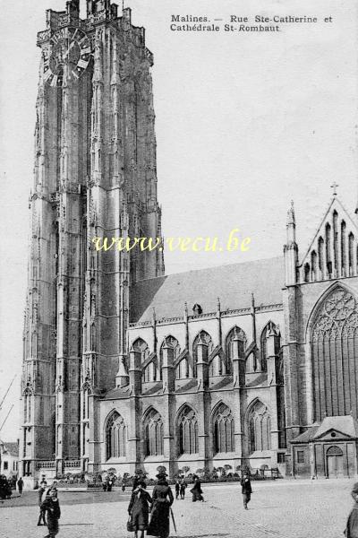 ancienne carte postale de Malines Rue Ste-Catherine et Cathédrale St-Rombaut