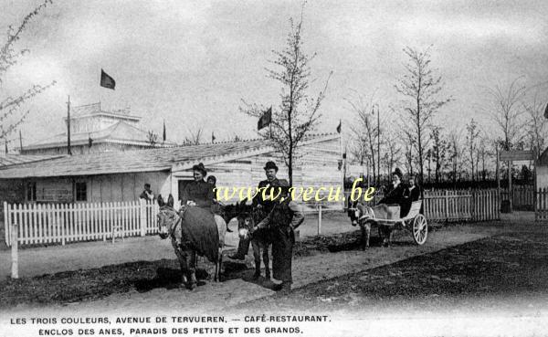 ancienne carte postale de Woluwe-St-Pierre Les Trois Couleurs, avenue de Tervueren. Café-Restaurant. Enclos des Anes.