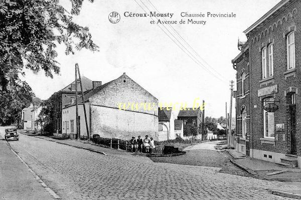ancienne carte postale de Céroux-Mousty Chaussée provinciale et avenue de Mousty