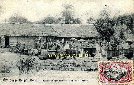 ancienne carte postale de Boma Huilerie au bord du fleuve dans l'île de Matibu
