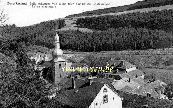 ancienne carte postale de Burg-Reuland Belle échappée vue d'une tour d'angle du Château fort-Eglise paroissiale