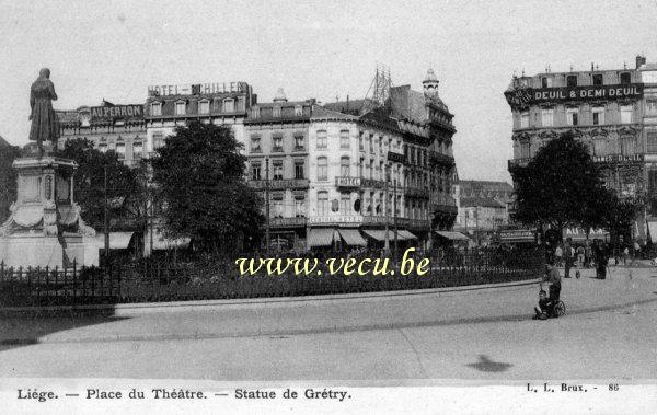ancienne carte postale de Liège Place du Théatre - Statue de Gretry