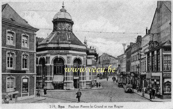 ancienne carte postale de Spa Pouhon Pierre le Grand et rue Rogier