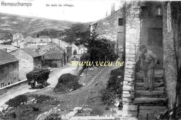 ancienne carte postale de Remouchamps Un coin du village (actuelle av. Marcellin La Garde, et dans le fond : Hôtel Bonhomme)