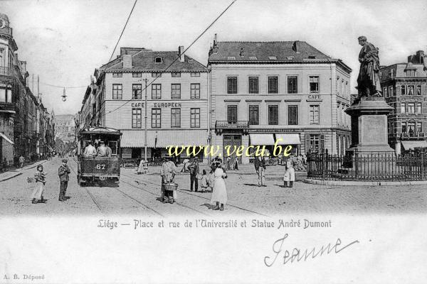 postkaart van Luik Place et rue de l'Université et Statue André Dumont (place du Vingt Août/place Cockerill)