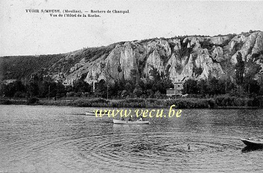 ancienne carte postale de Yvoir Rochers de Champal vus de l'hôtel de la Roche