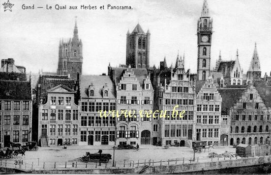 ancienne carte postale de Gand Le quai aux herbes et panorama
