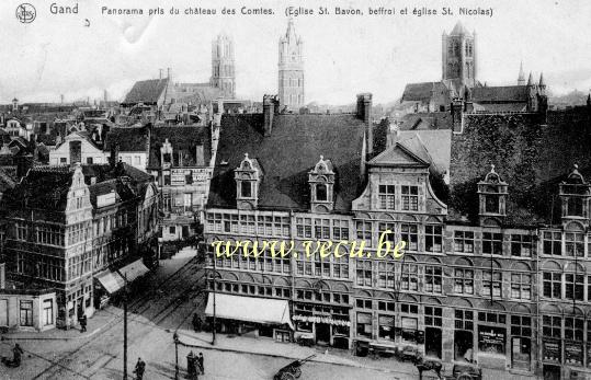ancienne carte postale de Gand Panorama pris du château des Comtes. église Saint Bavon, Beffroi et église St Nicolas