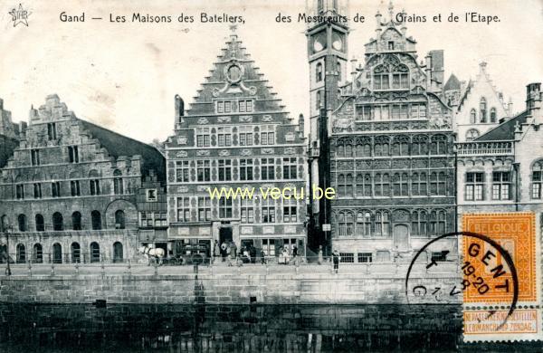 ancienne carte postale de Gand Les maisons des Bateliers, des Mesureurs de Grains et de l'eTAPE