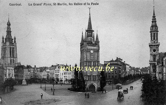 ancienne carte postale de Courtrai La Grand'Place, St Martin, les Halles et la Poste