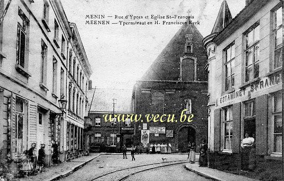 ancienne carte postale de Menin Rue d'Ypres et Eglise St-François