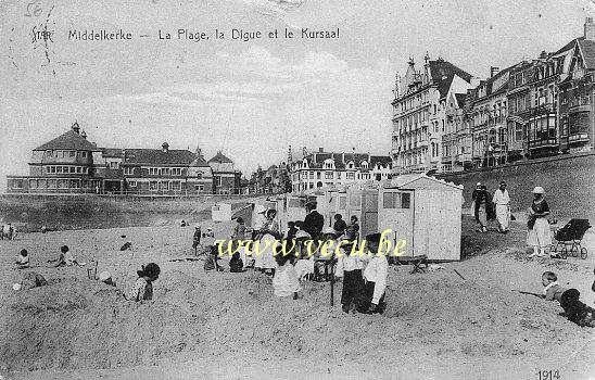ancienne carte postale de Middelkerke La plage, la digue et le Kursaal