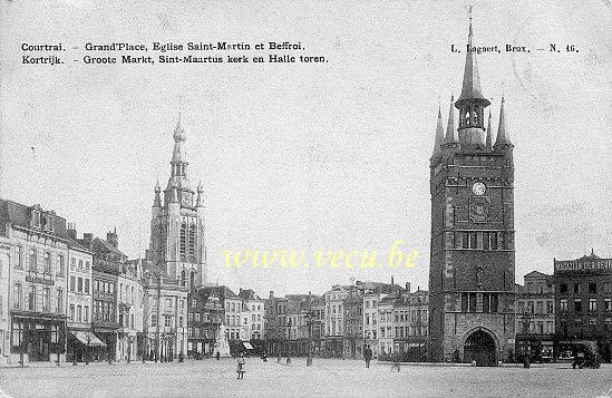 ancienne carte postale de Courtrai Grand'Place, Eglise Saint-Martin et Beffroi