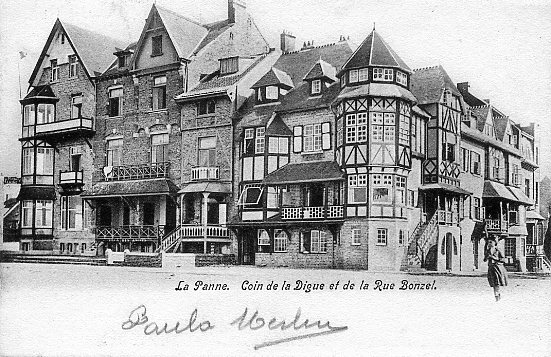 ancienne carte postale de La Panne Coin de la Dique et de la rue Bonzel