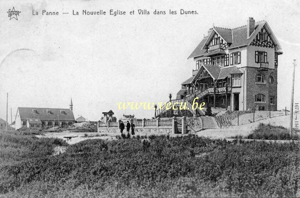 ancienne carte postale de La Panne La nouvelle église et villa dans les dunes