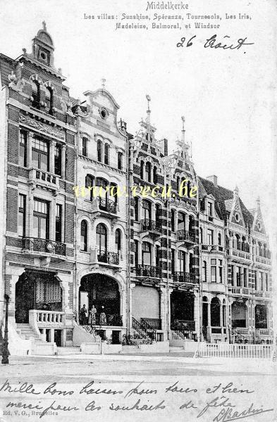 ancienne carte postale de Middelkerke Les villas: Sunshine, Spéranza, Tournesols, Les Iris, Madeleine, Balmoral, et Windsor