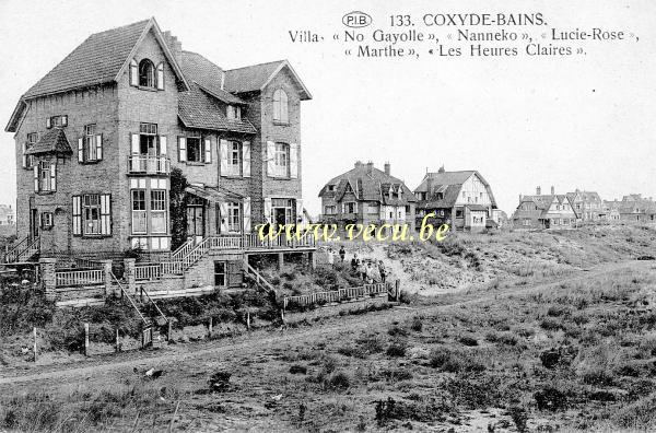 ancienne carte postale de Coxyde Villa No Gayolle, Nanneko, Lucie-Rose, Marthe, Les heures-claires