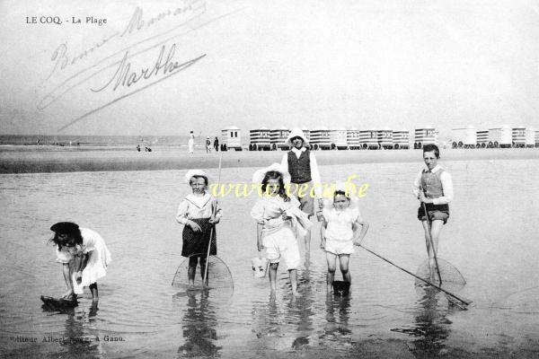 ancienne carte postale de Le Coq La Plage, les cabines et la pêche aux crevettes des enfants.