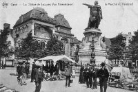 carte postale ancienne de Gand La Statue de Jacques Van Artevelde et le marché du Vendredi